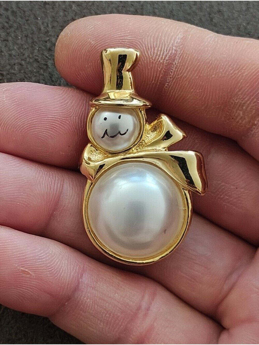 1980s Gold Tone Faux Pearl Snowman Brooch